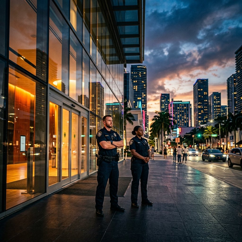 Professional security guards on duty at a South Florida building entrance